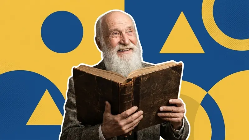 An elderly man holding a large leather-bound book