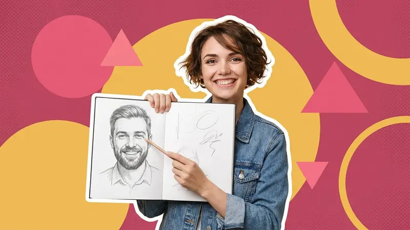 A woman holding up a sketchbook with a pencil portrait