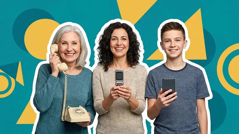 Three generations each holding a different kind of phone