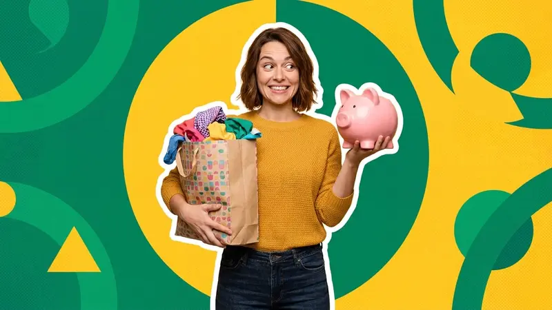 A woman torn between a piggy bank and a shopping bag