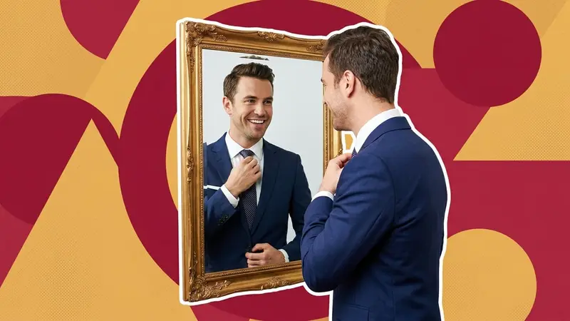 A well-dressed man admiring his reflection in a gold-framed mirror
