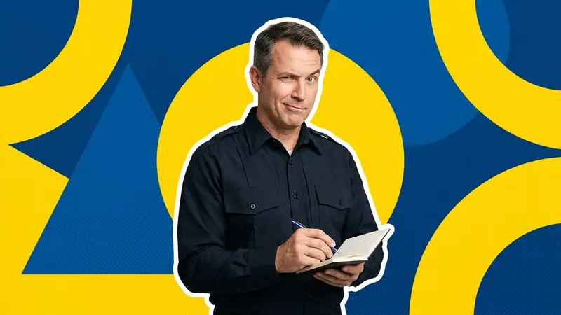 A police officer with a notebook, one eyebrow raised