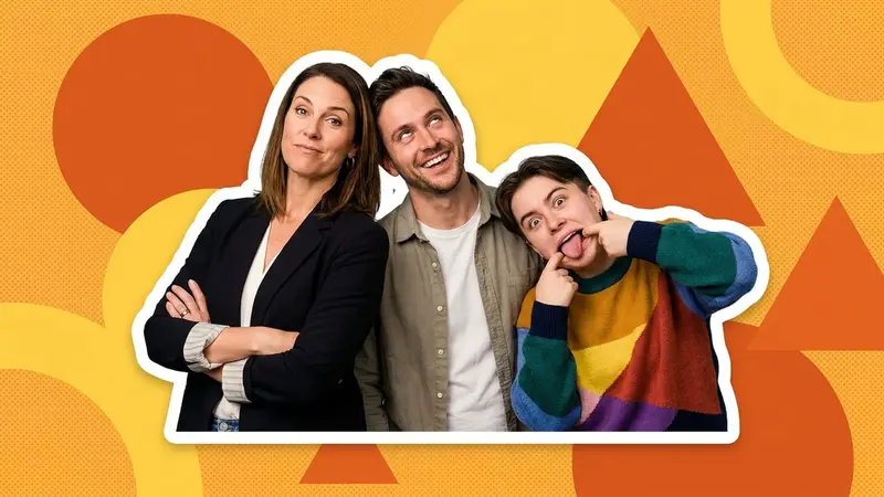 Three siblings squeezed together, each with a different expression