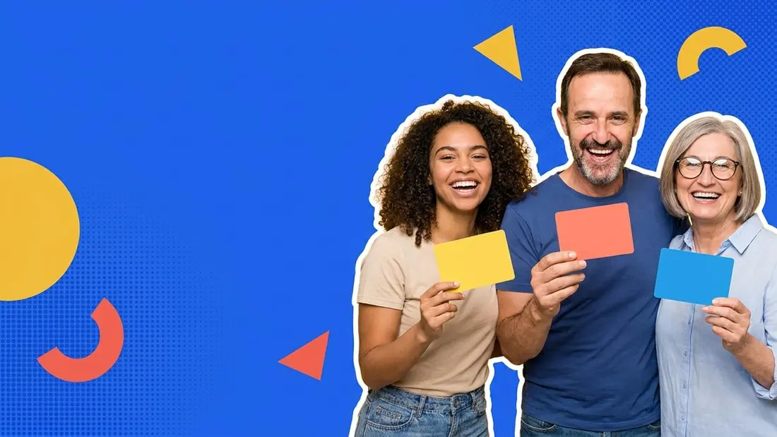 Three friends laughing and holding up quiz cards